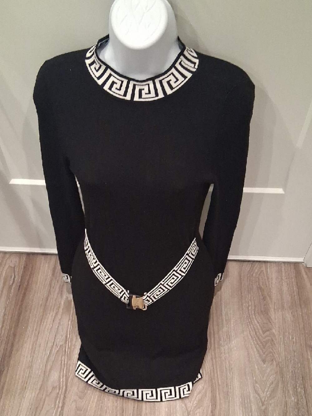 Black Long-Sleeve Knit Dress with Contrasting Greek Key Trim - Picture 3 of 3